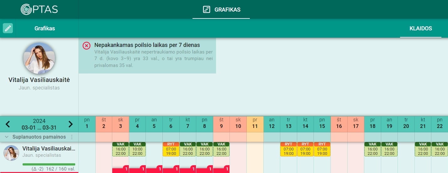 OPTAS automatinės pamainų sudarymo sistemos grafikas