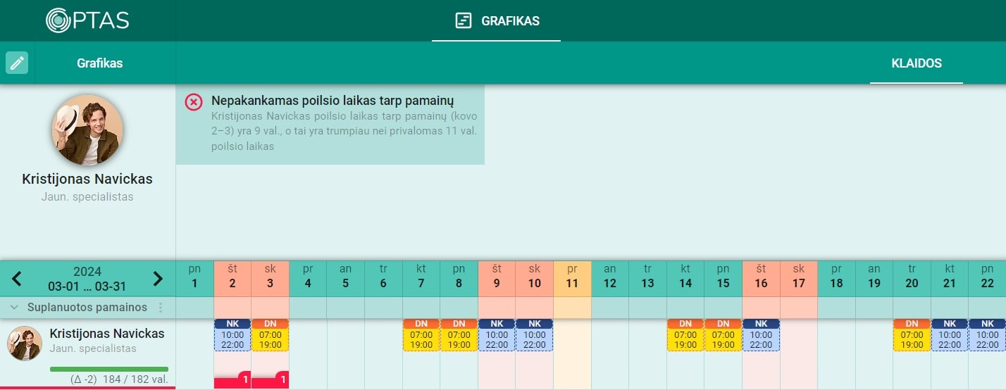 OPTAS automatinės pamainų sudarymo sistemos darbuotojo skiltis