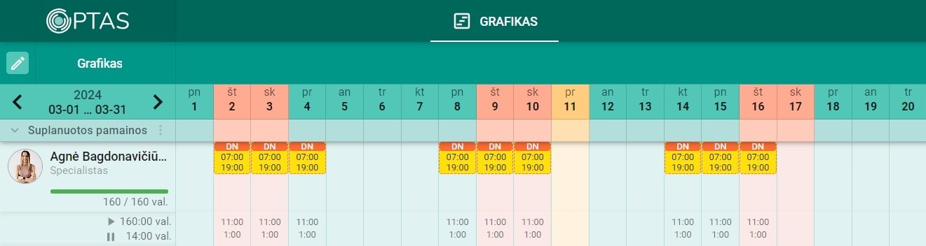 OPTAS automatinės pamainų sudarymo sistemos grafikas