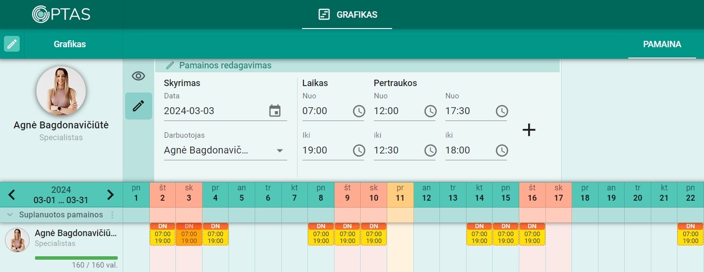 OPTAS automatinės pamainų sudarymo sistemos grafikas